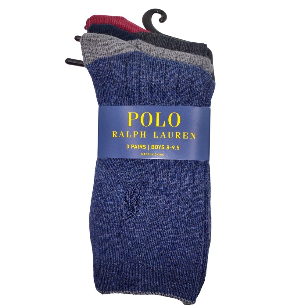 Polo Ralph Lauren Boys 3 Pair Socks Size‎ 8-9.5 Crew Socks Blue Gray Maroon